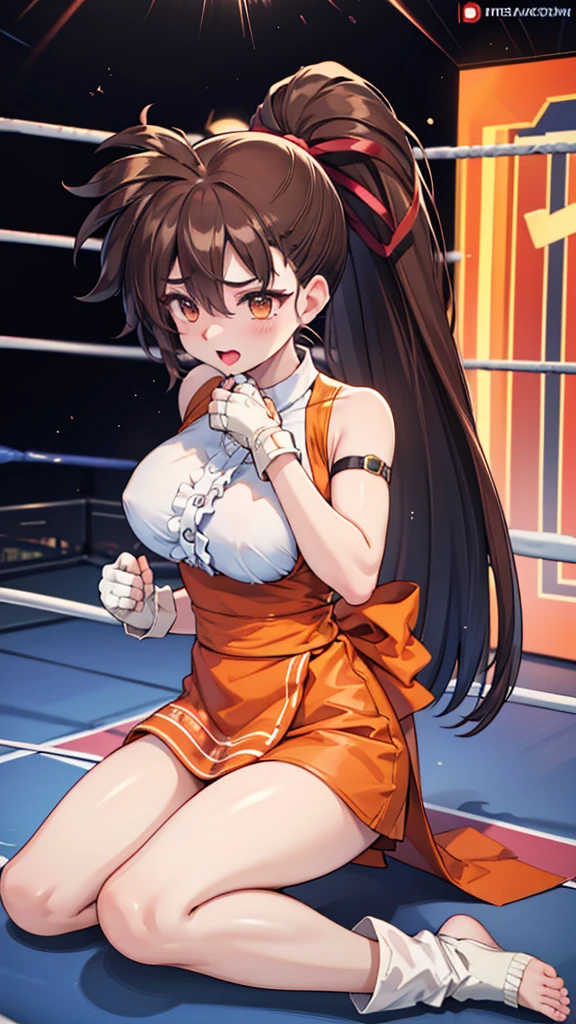 Highest quality，masterpiece，(Leaning in the wrestling ring, WWE Divas，Wrestling Arena，Wrestling ring background, Boxing ring background), Lack of stamina, Ryona, Hitting a girl, death is near，タケユカ 超ロングヘア ヘアribbon, Frilled shirt, Underbust, ribbon, Fingerless gloves, White gloves, Waist apron, Orange Skirt, socks, Toeless legwear，loser, Nice, loser, (Moaning , Open your mouth),
