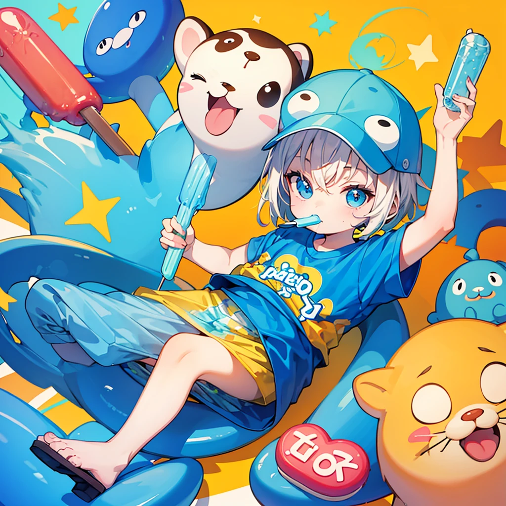 A 2D drawn eating "Otter Pops" and the image should have a title in Spanish that says the phrase "A cómo".