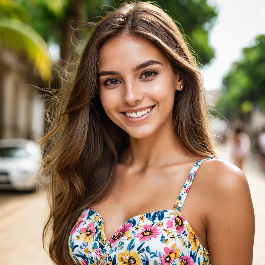 Beautiful woman from brazil, realistic eyes, realistic face, slim face, long brown hair, 20 years old, model, smiling, special camera angle, sexy summer dress, summer day