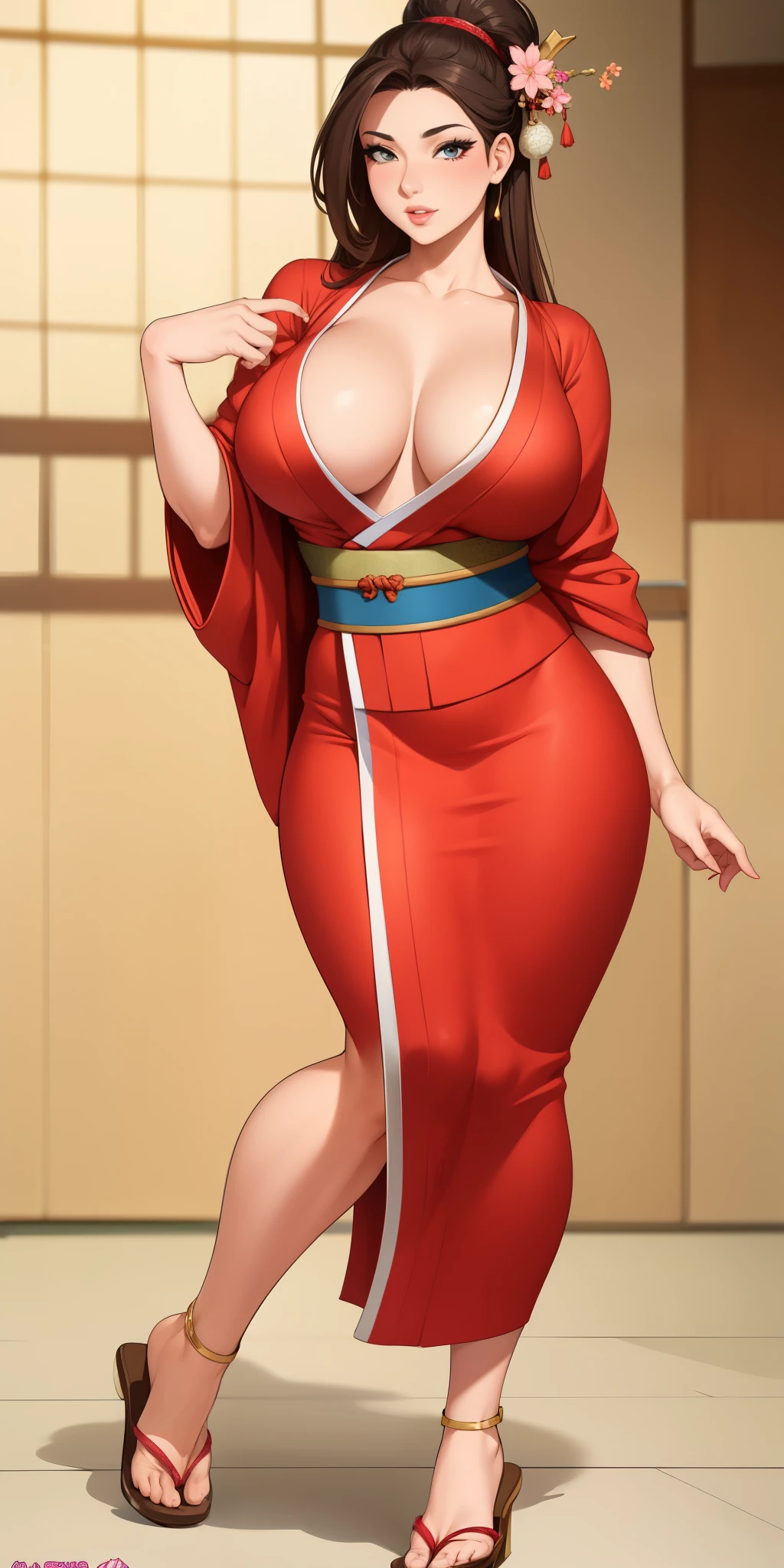 1womanl， （tmasterpiece： 1.3），Beautiful mature Japanese woman， detailed finger， beautiful hand， hyper realisitc， 1womanl， （Sagging breastewitching body： 1.2） brunette color hair： 1.1， Super detailed face， Detailed lips， Detailed eyes， 二重まぶた， red kimono， Open neckline， Side posture， visible curveull body1:1，Beautiful legull body composition，full body1:1，Pose gracefully，Red clothes, (bodybuilder), ((((giant muscles))))