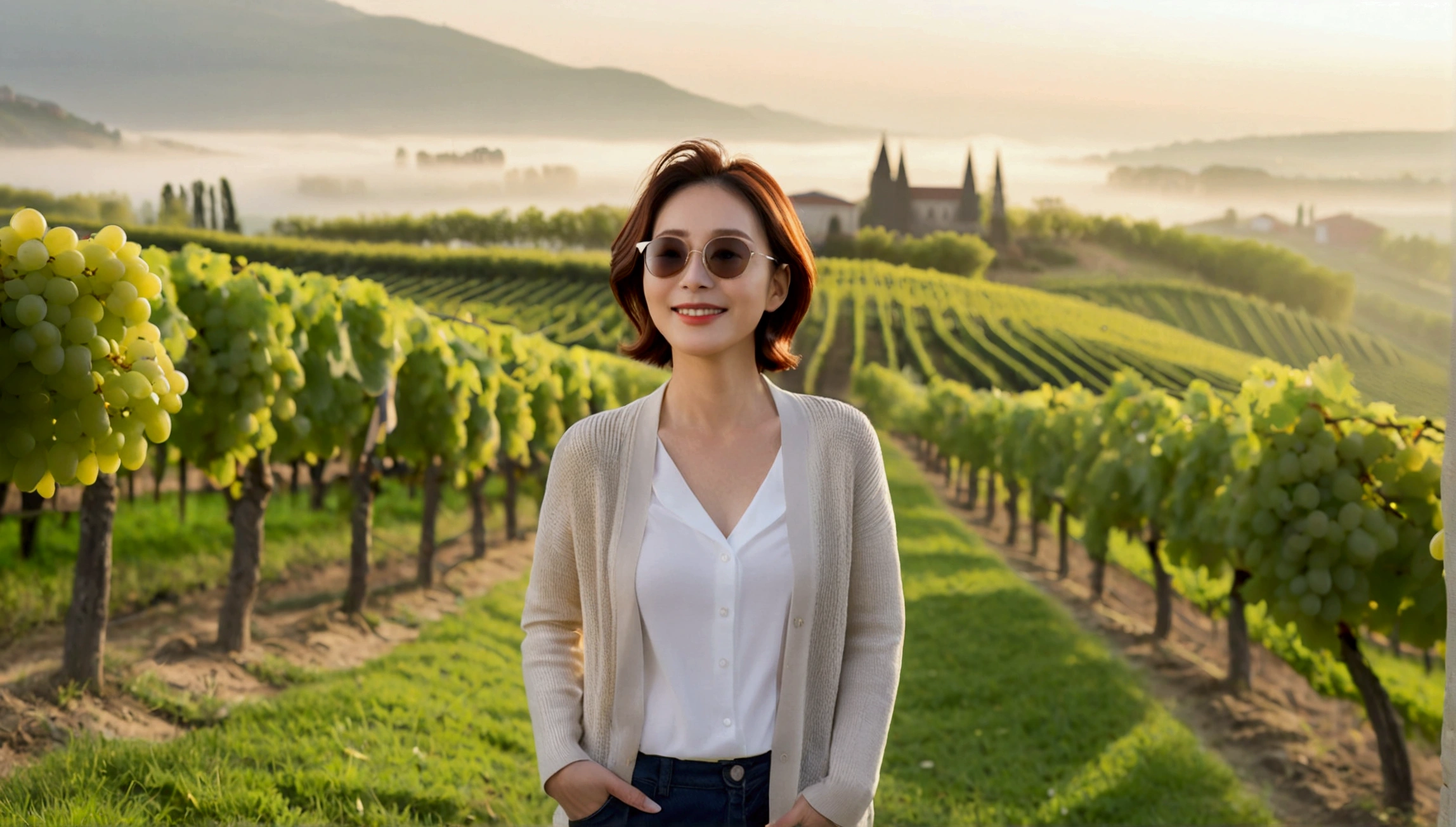 8k best picture quality, Beautiful 36-year-old Korean woman, Chest size 34 inches, northern italy countryside dawn, View of the cathedral next to the vineyards, The back background is realistic and vivid quality., short medium hair, white shirt and cardigan, Wear casual pants, Smile slightly. the background is clear, It is spring, when grapes have not yet ripened. Standing on a hill on a curved path overlooking a vineyard covered in thick fog, Clear picture quality, Wear high-end luxury brand sunglasses, sunglasses with clear lines