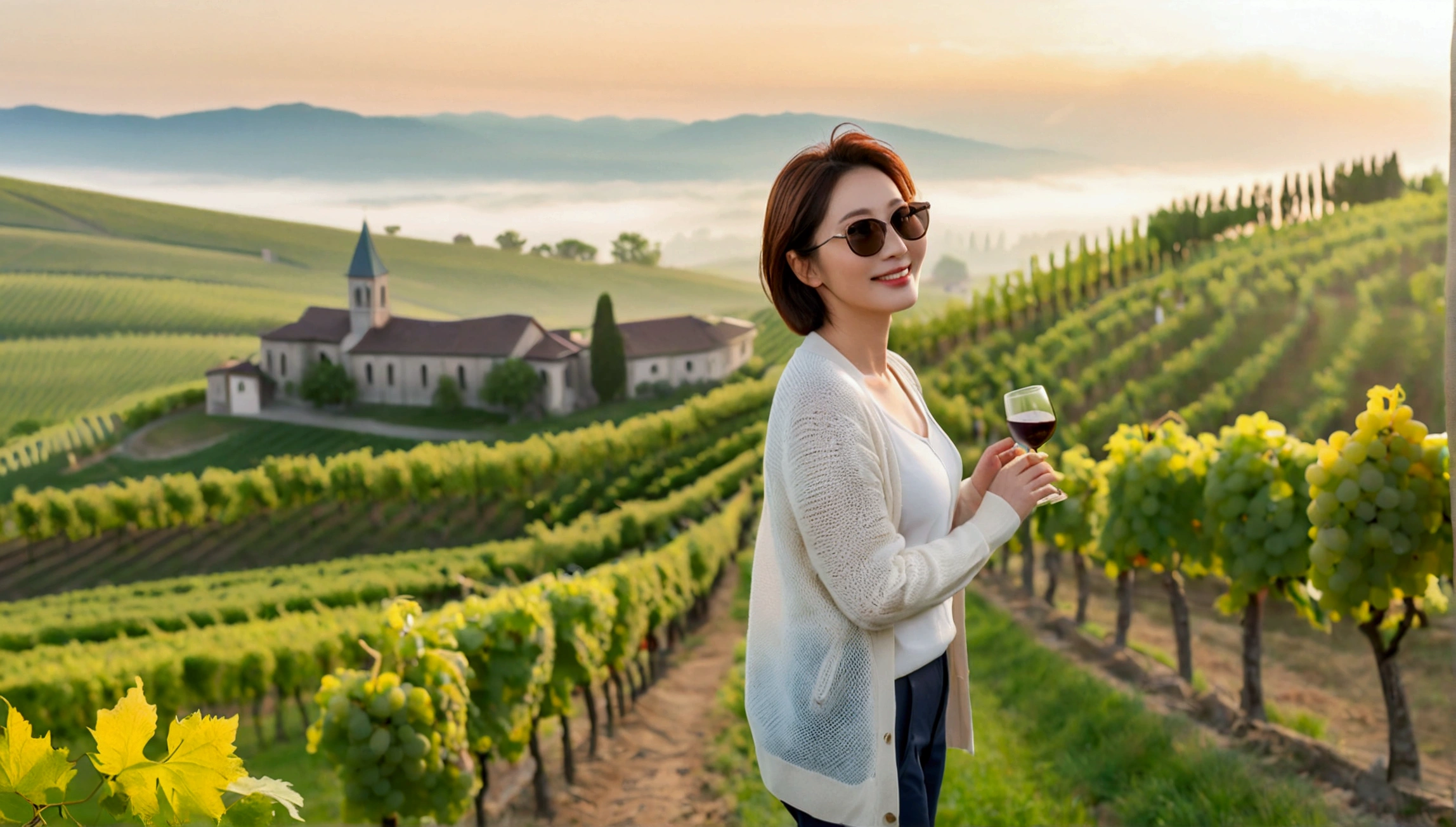 8k best picture quality, Beautiful 36-year-old Korean woman, Chest size 34 inches, northern italy countryside dawn, View of the cathedral next to the vineyards, The back background is realistic and vivid quality., short medium hair, white shirt and cardigan, Wear casual pants, Smile slightly. the background is clear, It is spring, when grapes have not yet ripened. Standing on a hill on a curved path overlooking a vineyard covered in thick fog, Clear picture quality, Wear high-end luxury brand sunglasses, sunglasses with clear lines