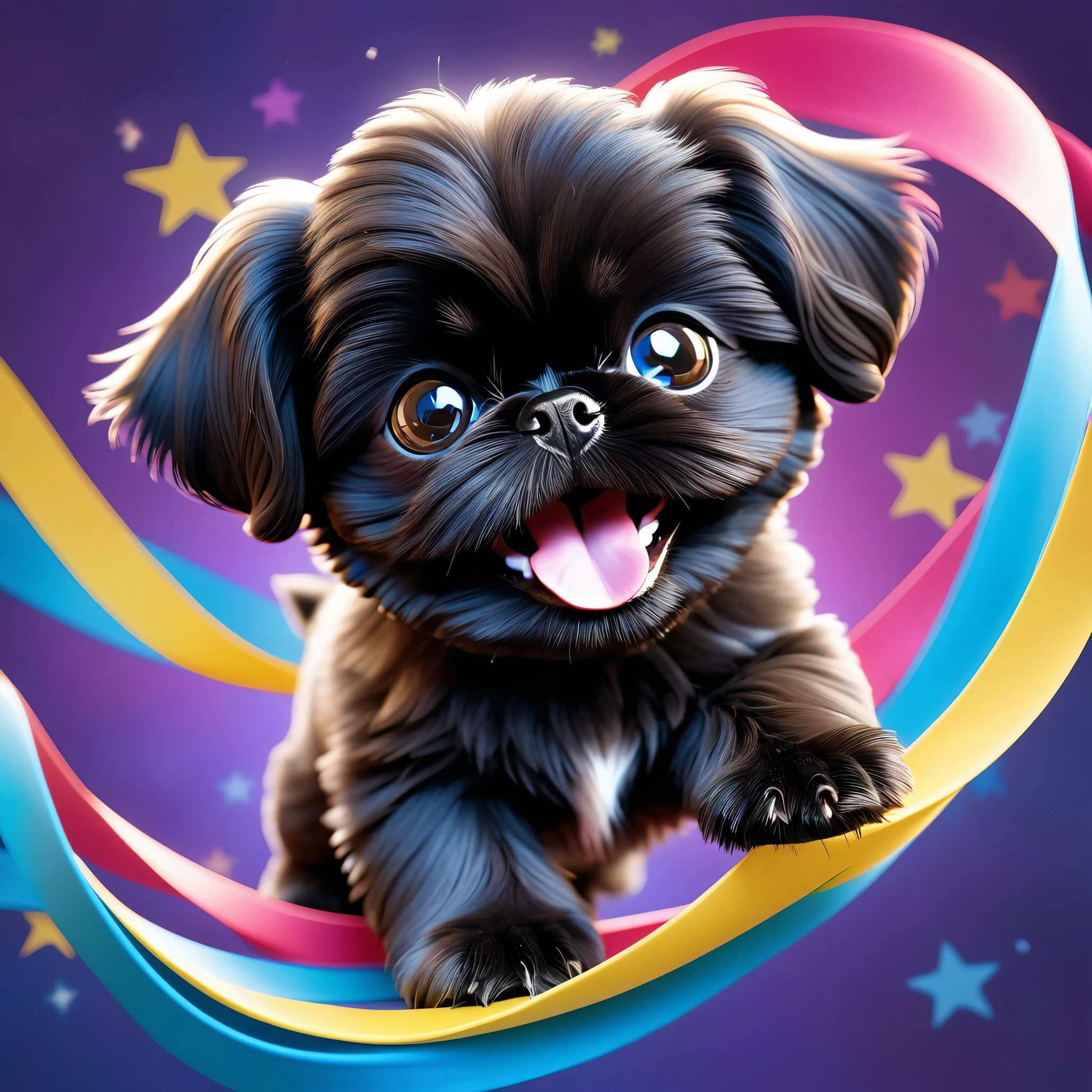 Ultra-small deformation,pop art, (from above), A black Shih Tzu puppy with blue eyes is curling up in the air, glowing cloud back ground surrounded colorful ribbons and particles shaped star, falling through the air, lie on back spreading arms and legs wide, close up happily expression toward the viewer, smoke screen, speed line, Dynamic Motion Blur, Dynamic action scenes 3D Pixar style