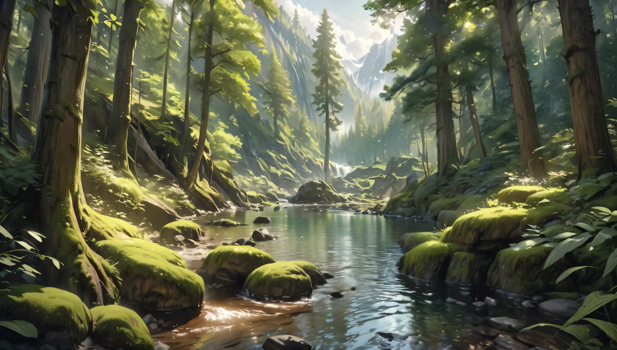 a beautiful lush green forest, sunlight filtering through the leaves, towering trees with shiny bark, mossy rocks, a serene lake, (best quality,4k,8k,highres,masterpiece:1.2),ultra-detailed,(realistic,photorealistic,photo-realistic:1.37),landscape,intricate details,vibrant colors,natural lighting,stunning scenery