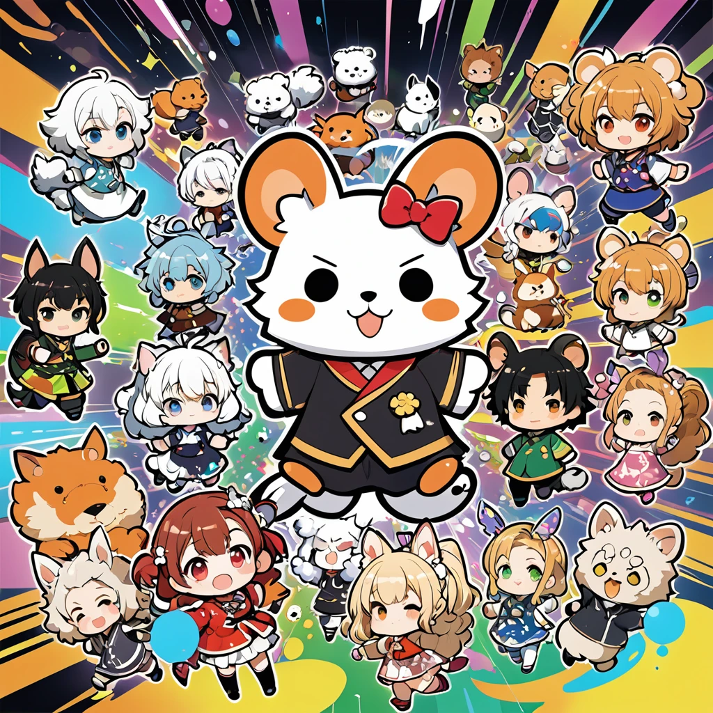 chibi characters and fluffy animals drawn by children, poorly drawn manga-style images, 2.5D, delicate and dynamic, contrast magic effects, CG graphic art