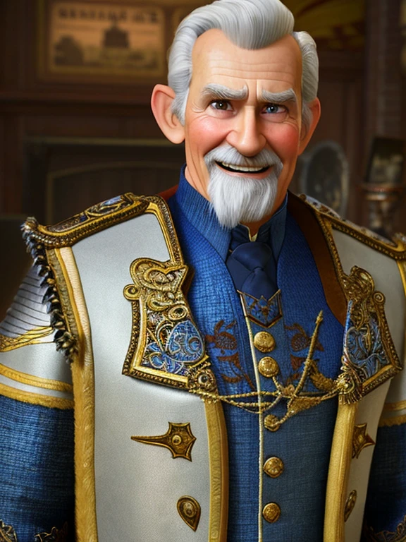 Pixarstyle A waist-high portrait of an elderly man with knights clothes, smile, natural skin texture, 4K textures, HDR, intricate, highly detailed, sharp focus, cinematic look, hyper-detailed