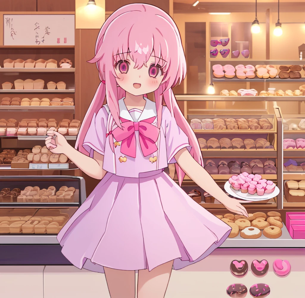 (1 girl solo)  pink hair, pink eyes with love, detailed eyes, straight hair, straight bangs, shiny hair,
,red bowtie,purple skirt,purple shirt,pleated skirt,short sleeves, showing mini donut shop, holding a plate wih donut, smile, laughter , open mouth, donut shop background, high-definition,masterpiece, masterpiece, best quality, high resolution, aabeta, double, standing, slim waist, cute, sailor uniform (PastelColors: 1.3)