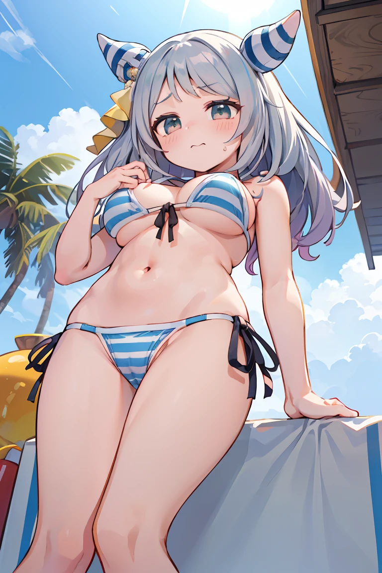 Object Helium | Uma Musume: Pretty Derby,Browsing Caution,1 girl,,,chest,尖ったchest,chestの谷間,Underbust,Side Bust Barbosa,(blush),((Embarrassing)),Spread and masturbate(((White and light blue striped bikini)))round 1(((chestを持ち上げる)))((View from below、View from below)),((((巨大なchest)))),大きなchest,Big Tits,Beach