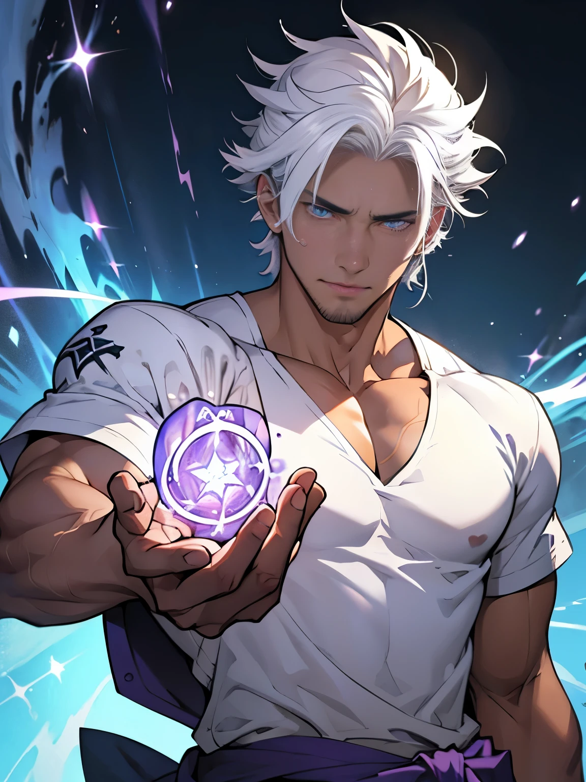a 20 year old man with magical powers to heal any wound or sickness, white hair, bright purple eyes, lightly tanned skin, light stubble, strong build