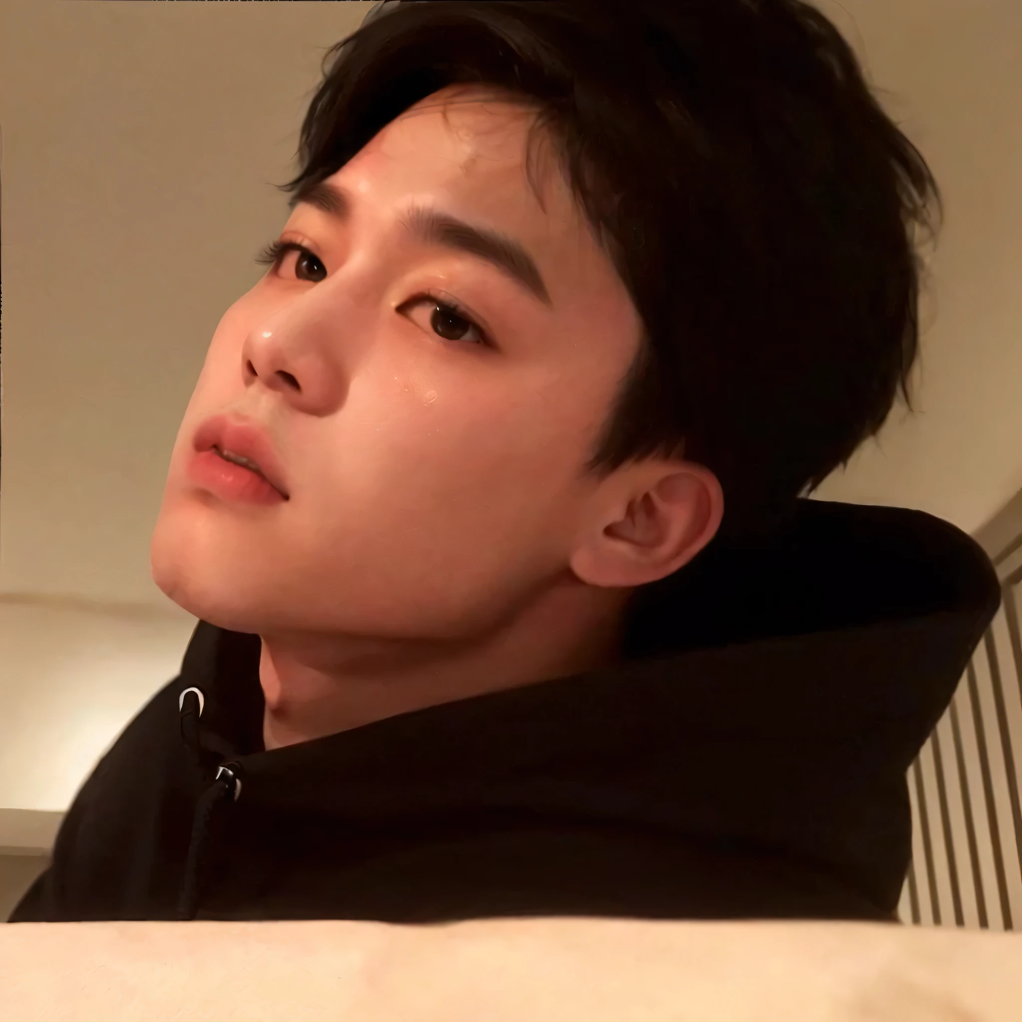 there is a man in a black hoodie looking up, Jimin\fleshy lips, Jimin\the Greek nose, Jimin, park Jimin, accurate Jimin face, Jimin\the right eyelid is swollen, made, profile picture with headshot, masculine face, Mark Lee, Tae June Kim, ruan jia linda!, hyung tae, yan, serious look 