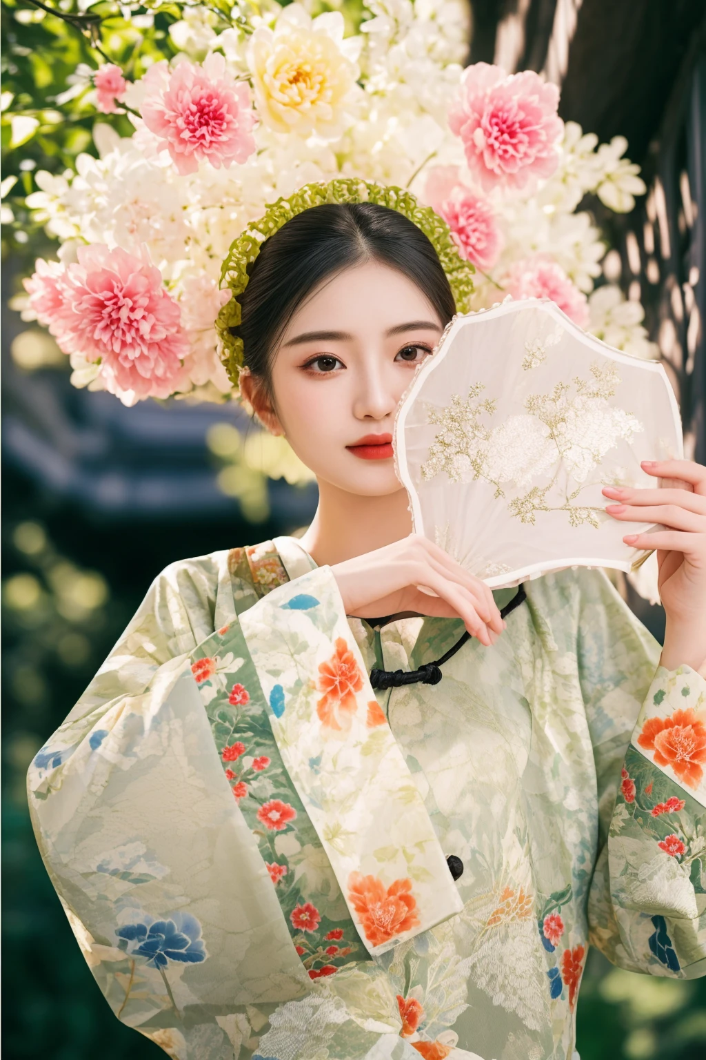 there is a woman in a kimono holding a fan, hanfu, palace ， a girl in hanfu, with acient chinese clothes, chinese costume, traditional chinese clothing, white hanfu, wearing ancient chinese clothes, cheongsam, chinese style, pale and coloured kimono, traditional chinese, 中 元 节, wearing ornate silk clothes, kimono