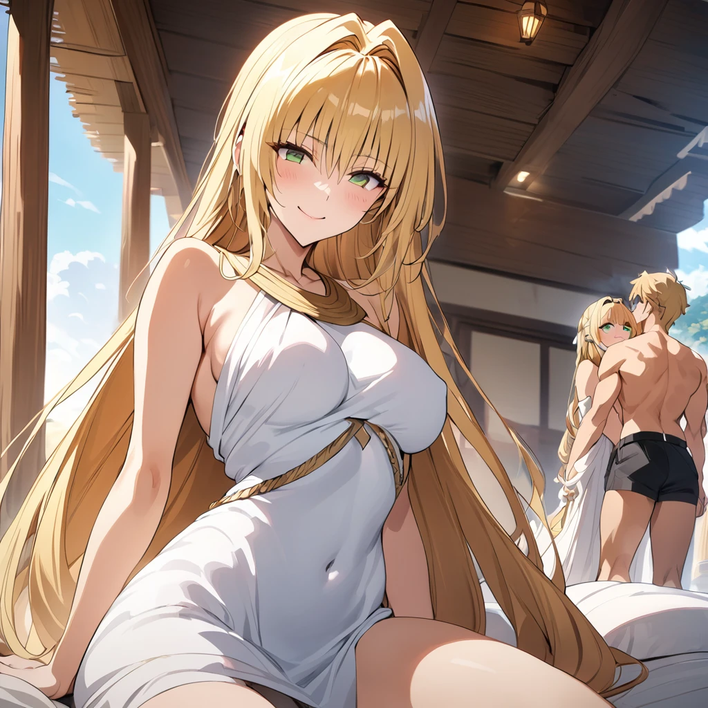 ((Highest quality)), ((masterpiece)), (detailed), (Perfect Face)、The woman is the Greek goddess Tyatia, wearing a white Doric chiton from ancient Greece, with medium blonde hair and green eyes.、A woman is shown smiling gently in a temple of ancient Greek mythology and wearing an ancient Greek white Doric chiton、A woman is flirting with a middle-aged male god