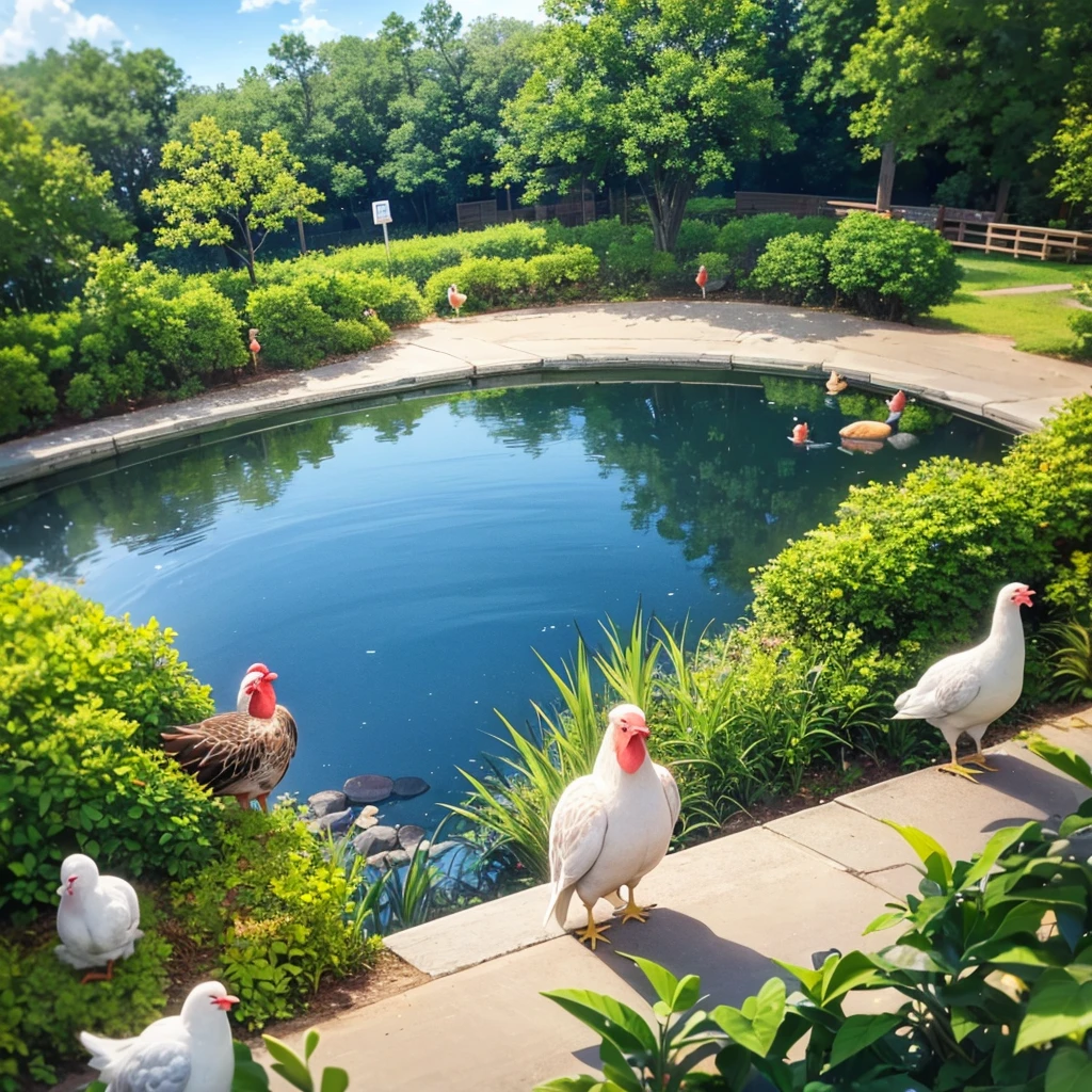 In big clean pond green turtle and two white chicken( who have red beak ) are stand near the pond, two chicken stand near the pond and also tortoise 🐢 stand near the chickens
