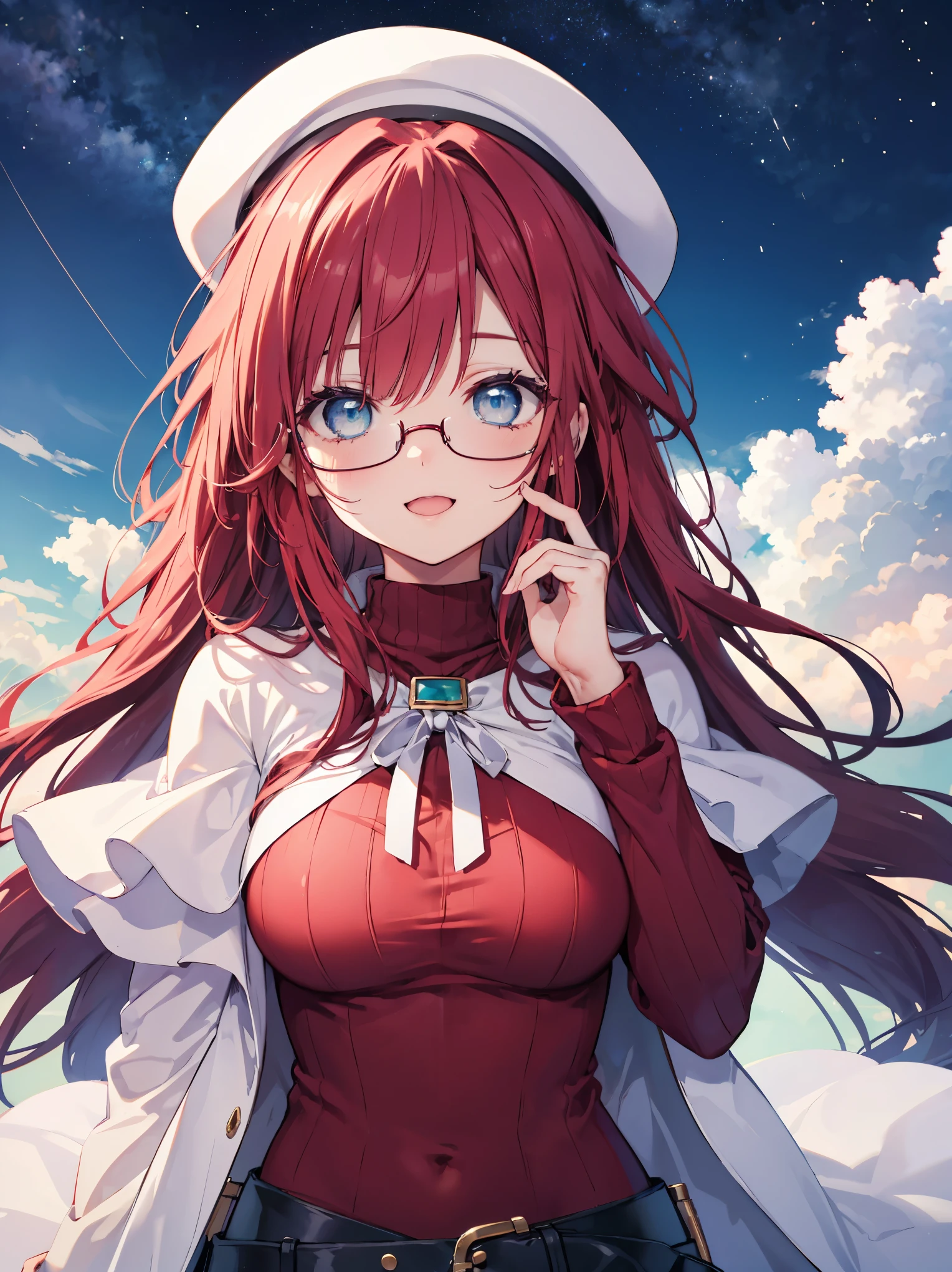 summonnightaty, aty, (young:1.3),long hair, blue eyes, red hair, big_tits, hat, glasses, BREAK long hair,, hat, dress,glasses, cape, sweater, beret,ribbed sweater,,solo, BREAK outdoors, fantasy, BREAK (masterpiece:1.2), best quality, high resolution, unity 8k wallpaper, (illustration:0.8), (beautiful detailed eyes:1.6), extremely detailed face, perfect lighting, extremely detailed CG, perfect anatomy),covered_nipples,half_eyes,sleepy_eyes,red_sweater,magical_effect,,Smile,open_mouth,solo,in_modern_town_landscape,night_sky,solo,portrait,bust up,looking_viewer