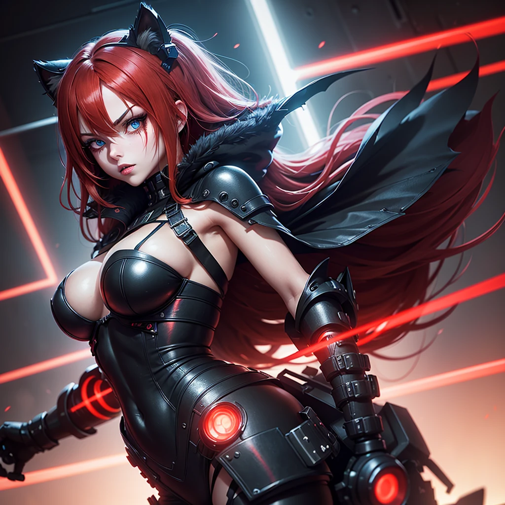Look from below, angle from below Girl Android demonic gloomy with long red hair she has a playful look she has a mask on her face a respirator she has a deep neckline and bare hips a woman with sexy hips half cyborg modification Beautiful fur blue eyes stands in full height Anime Style black background Cyberpunk style, the camera films Her from below, lower angle of photography, black background image of a night black city and red neon lights, red lamps, red lighting, red flashes in the background
