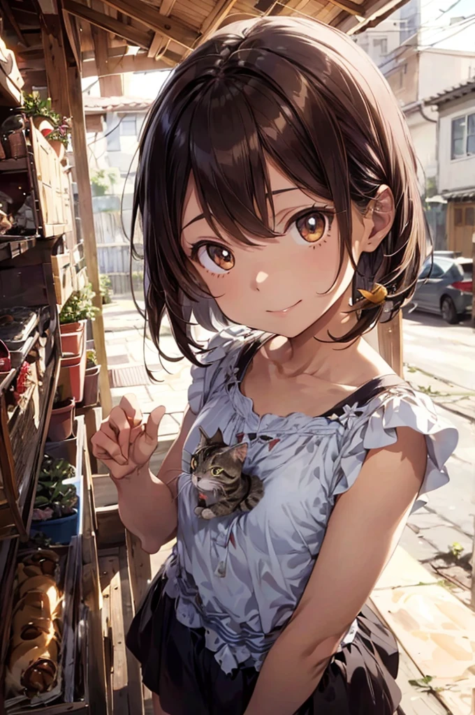 seed 997891748 this  called Valentina, she is smiling at her house garden playing with her cat, Rajado, Rajado is a cat striped in light and dark brown 
reference seed 997891748, anime, cartoon, fantasy