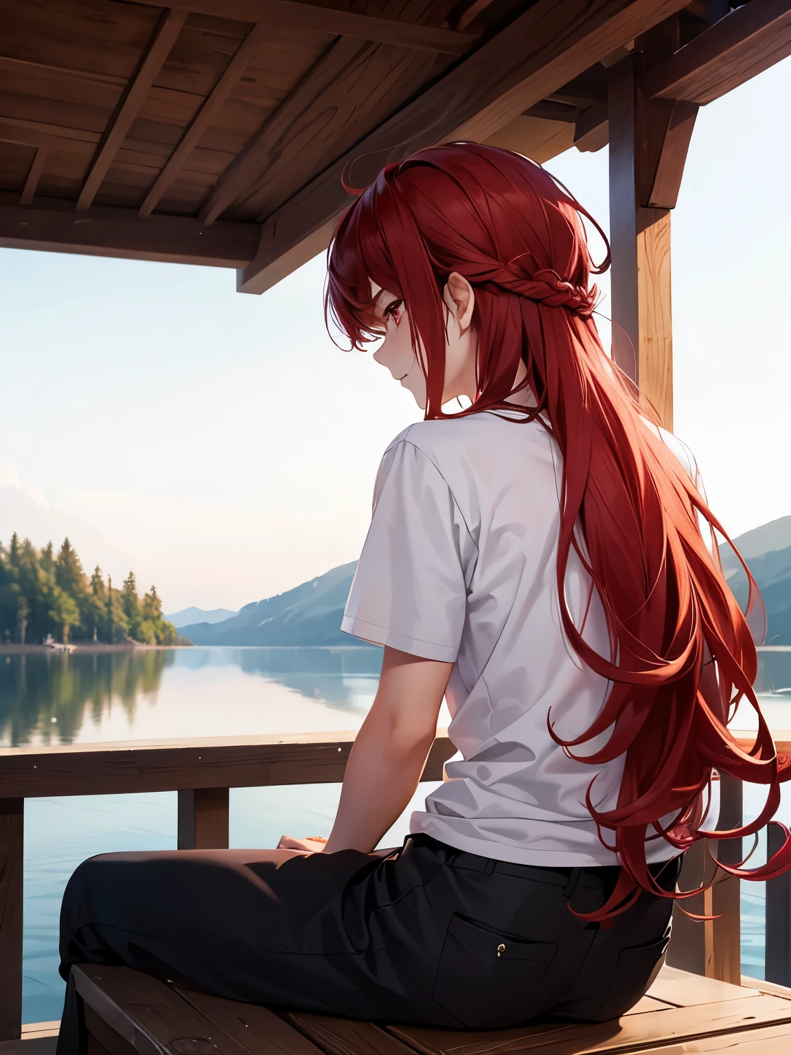 1boy,18 years old,Sitting in a wooden boat,Facing backwards, camera angle from behind, photo from behind, looking away, on a lake,cool,middle parted hairstyle,Curly hair, red hair, red eyes, long hair, vampire, handsome,,close up photo,White t-shirt,Short sleeve t-shirt,,black trousers