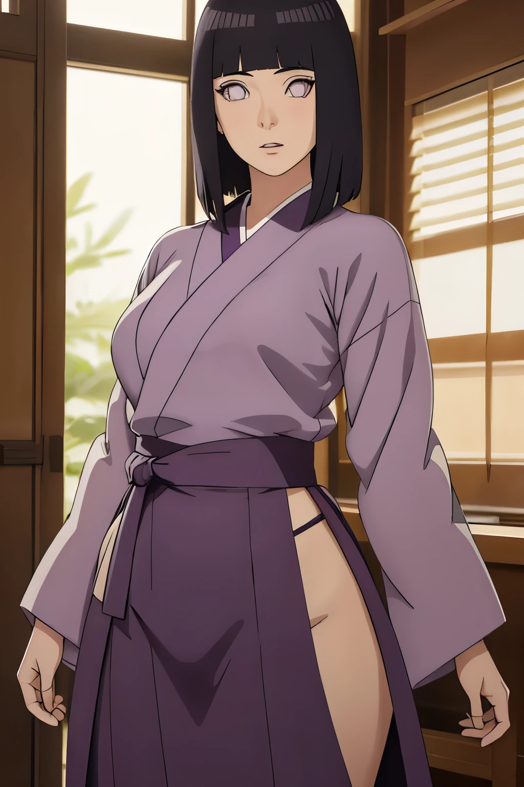 masterpiece, hinata\(boruto\), 1girl, solo, mature female, goddess of beauty, image from behind, photo from behind, perfect hips, curvy waist, visible curves, tight hakama,tight hakama, looking at viewer, perfect composition, detailed lips, beautiful face, body propotion, blush, long hair,  purple eyes,  soft gaze,  super realistic, detailed, photoshoot, realistic face and body, perfect hips