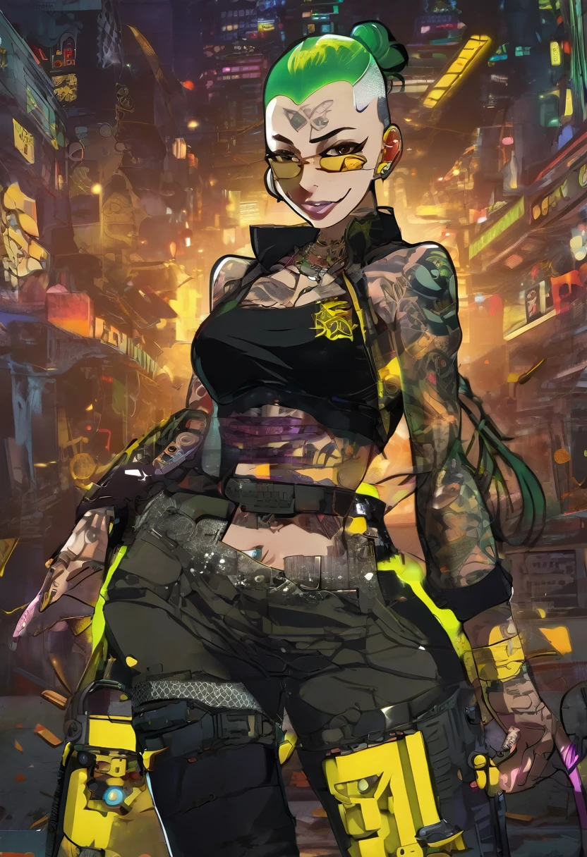 Anime Mobster, insane smile, lunatic, green buzzcut hair, glowing yellow eyes, multiple tattoos, cyborg girl, punk clothes