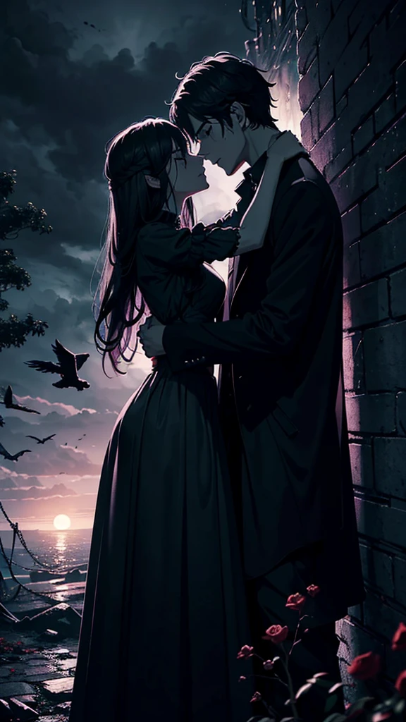 

**Title:** Shadows of the Heart
**author:** [ivy silva ]

**Description of the cover:**

1. **fund:** A dark and moody color palette, predominantly in shades of black, gray and dark purple. Maybe a touch of blood red to give an air of mystery and danger.

2. **center image:** A silhouette of a couple in a passionate embrace, but with a dark touch. Man may be partially in the shadow, symbolizing mystery or darkness, while the woman has an expression of conflict between passion and fear.

3. **Elementos de fund:** A gothic setting, like an ancient castle or a gloomy mansion, with a full moon in the sky, partially covered by clouds.

4. **detaileds:** Some additional elements may include withered roses, crows flying, and perhaps a broken chain or padlock to symbolize freedom from something dangerous or forbidden.

5. **Typography:** The title in an elegant, dramatic font, maybe with some decorative details. The author&#39;s name can be in a simpler font, but still stylish, not to compete with the title.
