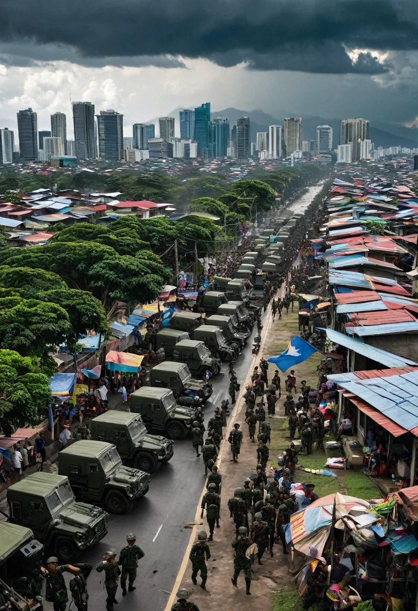The scene is set in a densely populated urban area of the Philippines, with the iconic skyline of Manila in the background. The atmosphere is tense, with dark storm clouds gathering in the sky, casting ominous shadows over the city. In the foreground, soldiers in modern military uniforms are seen taking defensive positions behind makeshift barricades, their faces showing a mix of determination and fear. Civilians, including families with children, are huddled in makeshift shelters, their expressions marked by worry and uncertainty.

Amidst the chaos, a prominent Filipino flag waves defiantly in the wind, symbolizing resilience and patriotism. Military vehicles, including tanks and armored personnel carriers, are positioned strategically throughout the streets, while helicopters hover overhead, scanning the area. In the distance, the faint sounds of explosions and gunfire can be heard, adding to the sense of impending doom.

The overall mood of the image is one of grim determination, as the people of the Philippines prepare to defend their homeland against an overwhelming and uncertain threat.