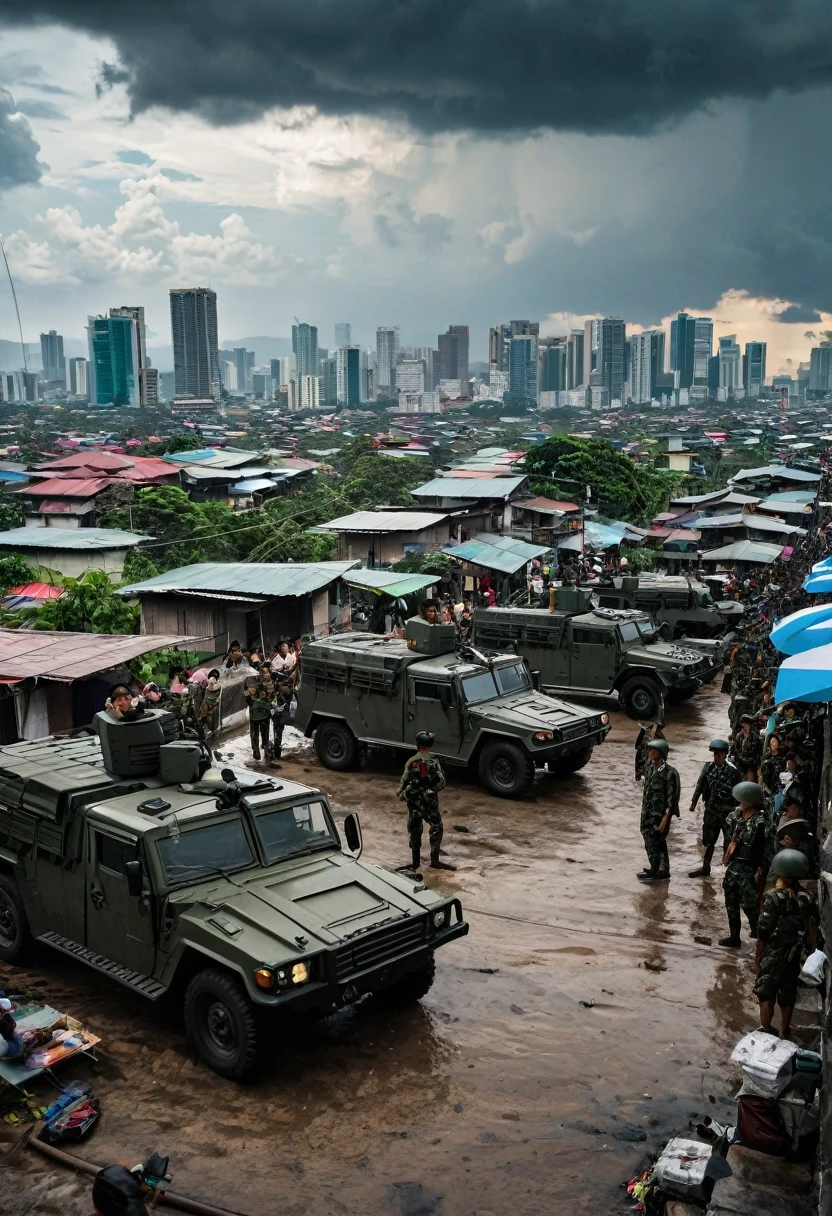 The scene is set in a densely populated urban area of the Philippines, with the iconic skyline of Manila in the background. The atmosphere is tense, with dark storm clouds gathering in the sky, casting ominous shadows over the city. In the foreground, soldiers in modern military uniforms are seen taking defensive positions behind makeshift barricades, their faces showing a mix of determination and fear. Civilians, including families with children, are huddled in makeshift shelters, their expressions marked by worry and uncertainty.
Amidst the chaos, a prominent Filipino flag waves defiantly in the wind, symbolizing resilience and patriotism. Military vehicles, including tanks and armored personnel carriers, are positioned strategically throughout the streets, while helicopters hover overhead, scanning the area. In the distance, the faint sounds of explosions and gunfire can be heard, adding to the sense of impending doom.
The overall mood of the image is one of grim determination, as the people of the Philippines prepare to defend their homeland against an overwhelming and uncertain threat.