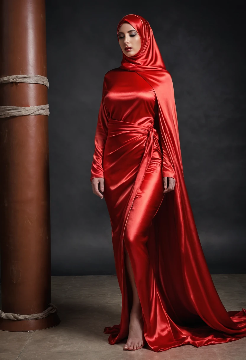 a sexy a woman covered in large red satin cloth, tied tight with the satin cloth, mummified in satin, very long under gown, tight gowm in leg, wearing a satin hijab, the satin gown is very long, forming the curve of the body, strugle to move,full body,masterpice, 4k resolution, ultra-realistic, highly detail.