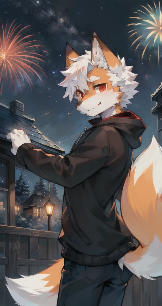(Starry_Sky, moon, new moon_moon, night_Sky, night, shooting_Star, Sky, galaxy,fireworks, Starry_Sky_Print), male_Key Points,hairy, 1 boy,Solitary,  (detailed_background,Astonishing_background),Orange fur,  Fox Boy,  Black Hoodie, Fox Tail,(One tail), Red Eyes, White hair,detailed face,detailed eyes,Head tilt, from the side, SFW,