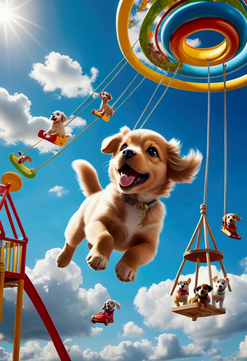 (Flying Puppy), motion blur, a paradise on the clouds, with slides, swings and various toys. It played happily and enjoyed endless happy time, with the clouds and the paradise in the background, full body, award-winning, cinematic still, emotional, vignette, dynamic, vivid, (masterpiece, best quality, Professional, perfect composition, very aesthetic, absurdres, ultra-detailed, intricate details:1.3)
