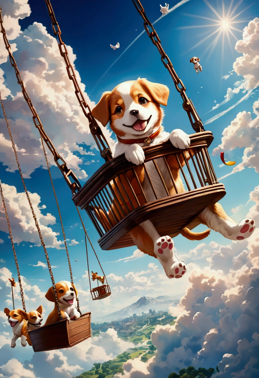 (Flying Puppy), motion blur, a paradise on the clouds, with slides, swings and various toys. It played happily and enjoyed endless happy time, with the clouds and the paradise in the background, full body, award-winning, cinematic still, emotional, vignette, dynamic, vivid, (masterpiece, best quality, Professional, perfect composition, very aesthetic, absurdres, ultra-detailed, intricate details:1.3)​