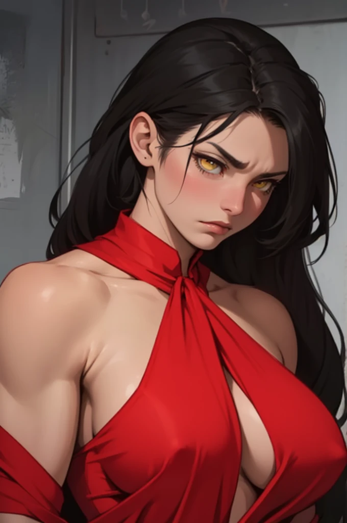 hair flaps massive hair long hair black hair onyx pale skin yellow eyes huge muscles huge breasts sad sad angry sad girl red silk red silk silk sad pale red silk sad