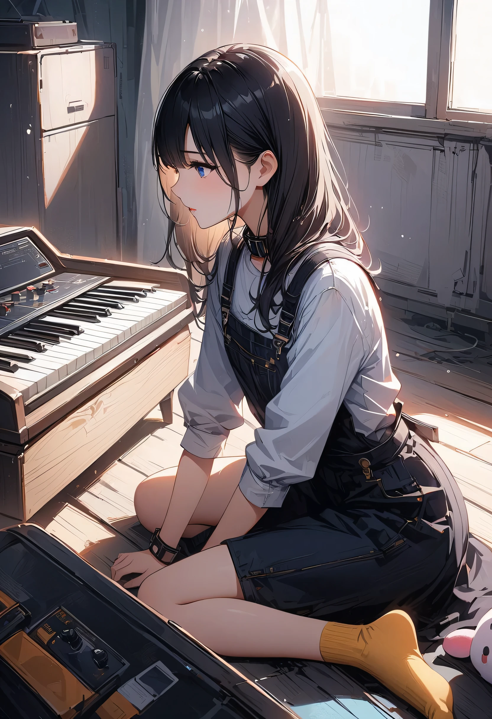 (Very detailedなCG、Unity、8k wallpaper)、(Very delicate and beautiful)、(masterpiece)、(Highest quality:1.0)、(超High resolution:1.0)、Beautiful lighting、Perfect Lightning、Realistic Shadows、[High resolution]、Detailed skin、Very detailed、Detailed face and eyes、Realistic eyes、blue eyes、Floats on water、Gray Hair、Create an image of a girl sitting at an electone. The girl has long, straight black hair and is wearing a light gray long-sleeve uniform with black lace decorations on the cuffs and collar. She is playing the electone with her hands on the two rows of keys and her feet on the pedals. She is wearing blue and yellow socks. The electone has the text “amakuchi Electone” on the left side. On top of the electone, there are two small plush toys, one yellow and one white, placed on the left side. The electone has a transparent cover. The background features a white wall with vertical ventilation slits, and the floor is light-colored wooden flooring. The girl is seated on a simple white bench. The lighting is natural and evenly distributed. The image should capture the details of the girl’s uniform, the texture of her hair, and the overall realistic setting of the room.