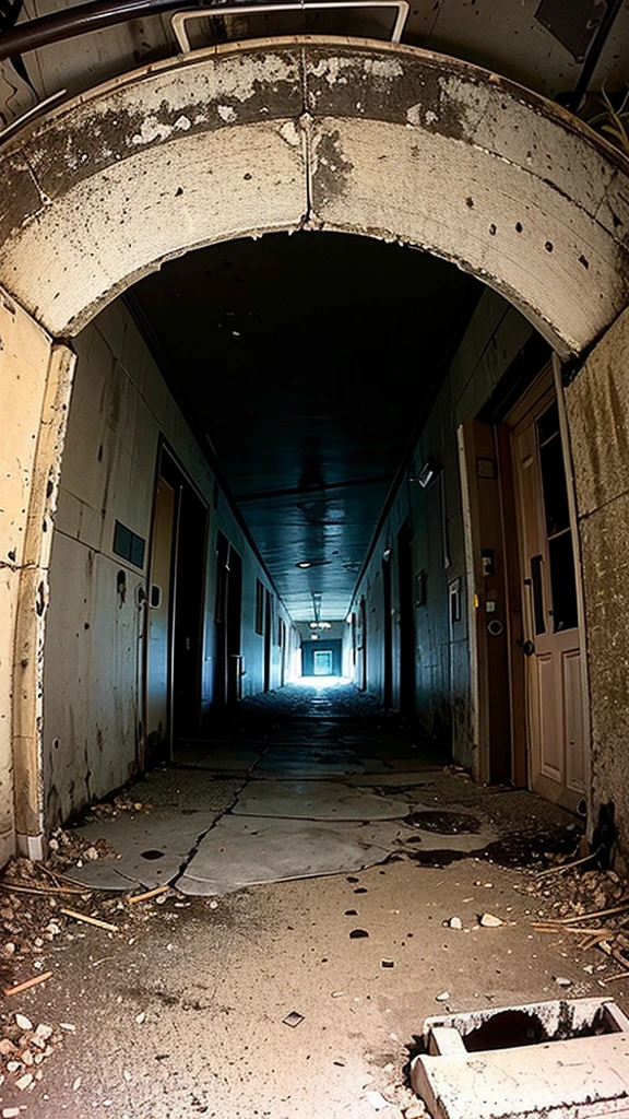 Wide angle of view, abandoned coal mine, scary