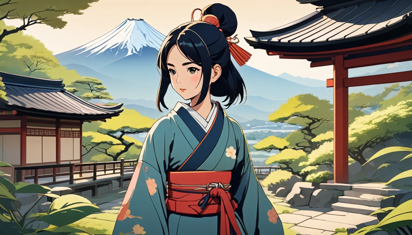 Female samurai,Japanese Gardens、Fuji Mountain、 Wide-angle lens, Lofi Anime, Lofi illustration, Aesthetic atmosphere, Lo-Fi Style, Vector art, Flat Design, Simple shape, Warm tones, Pleasant atmosphere, Chill, In anime style, Digital drawing, Vector art, Vector logo for t-shirt printing, (Adorable:1.5), (small:1.4), (Playful:1.2), (soft:1.3), (Whimsical:1.1), masterpiece, Highest quality, 8k, Intricate details, grow, Celestial, Mysterious, Picturesque, amazing, Majestic, Magic, Fantasy art, Cover art, dream-like