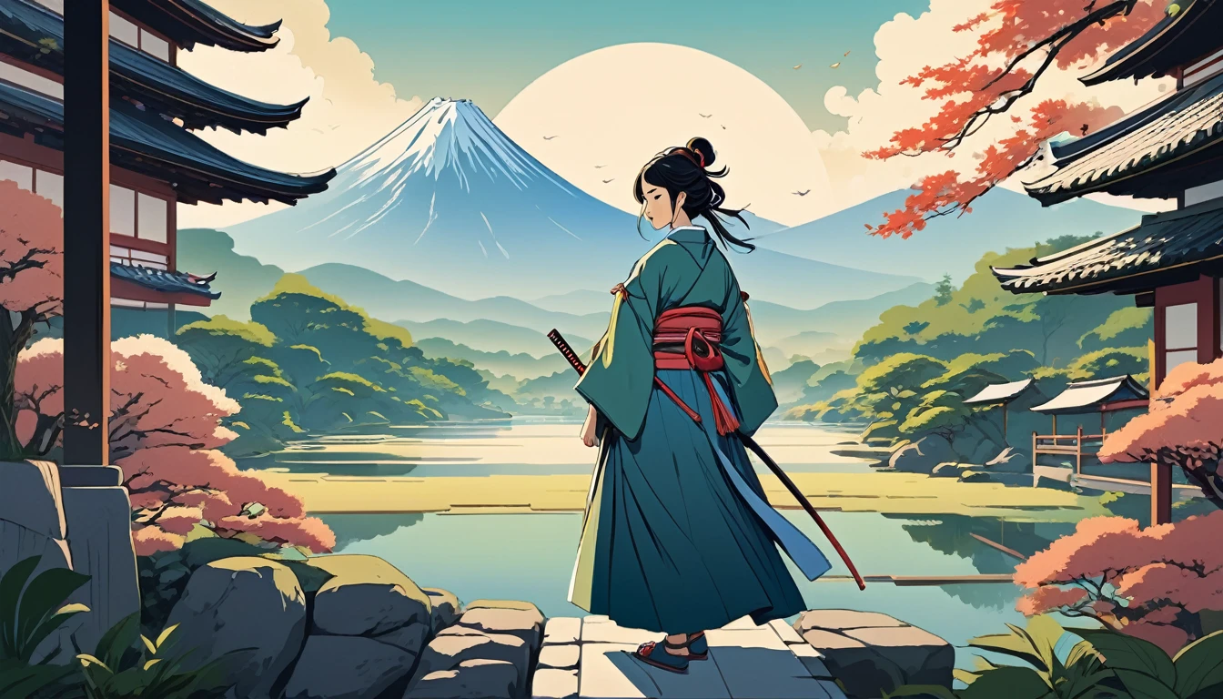 Female samurai,Japanese Gardens、Fuji Mountain、 Wide-angle lens, Lofi Anime, Lofi illustration, Aesthetic atmosphere, Lo-Fi Style, Vector art, Flat Design, Simple shape, Warm tones, Pleasant atmosphere, Chill, In anime style, Digital drawing, Vector art, Vector logo for t-shirt printing, (Adorable:1.5), (small:1.4), (Playful:1.2), (soft:1.3), (Whimsical:1.1), masterpiece, Highest quality, 8k, Intricate details, grow, Celestial, Mysterious, Picturesque, amazing, Majestic, Magic, Fantasy art, Cover art, dream-like