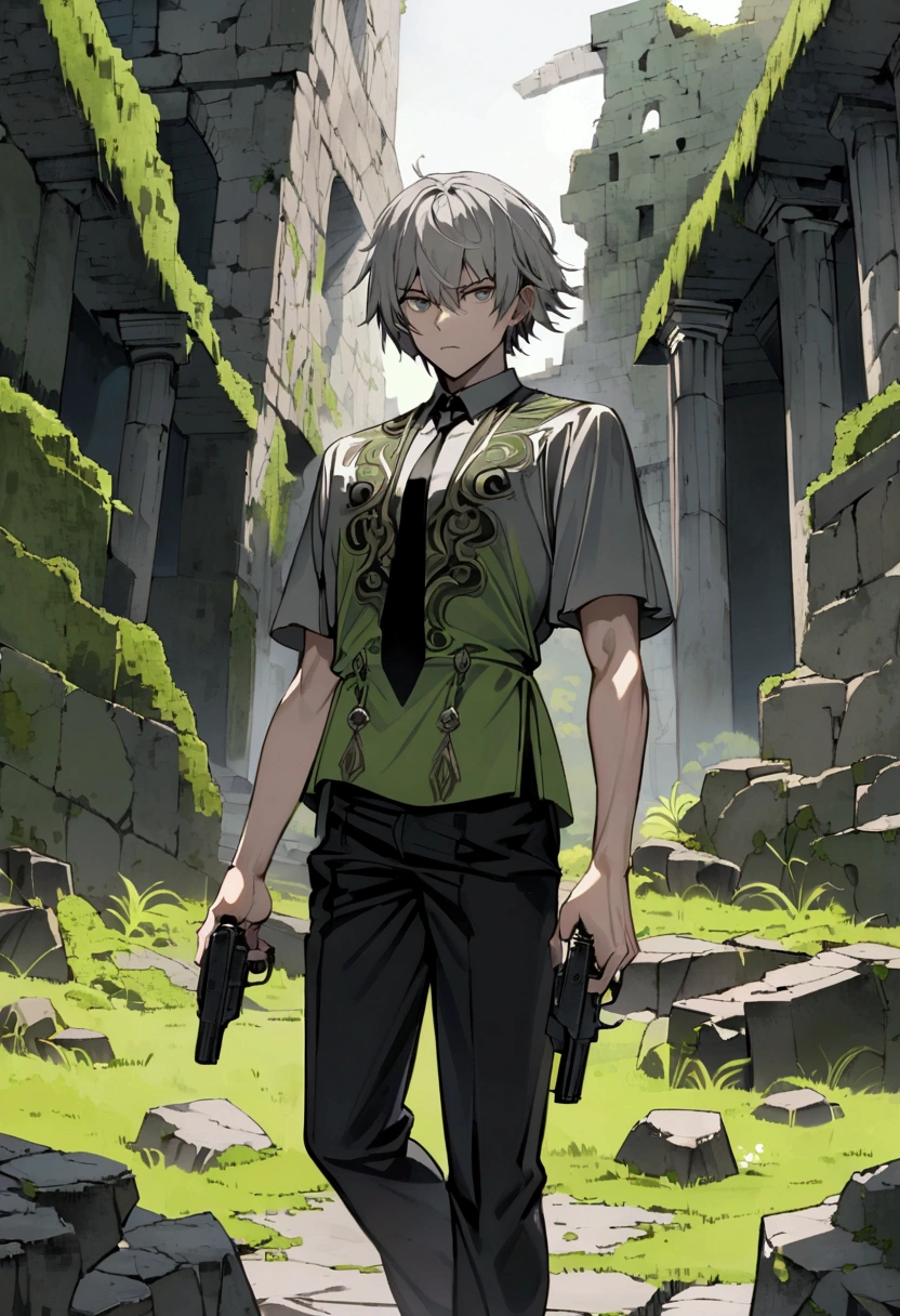 Man of defined body, alone, pistols in his hands, gray hair, locks of hair in moss green tone, short hair, ((social blouse of black and gray color, black and long gray pants)), social shoes of black color, serious look, eyes of light green color, ancient ruins, black tie.