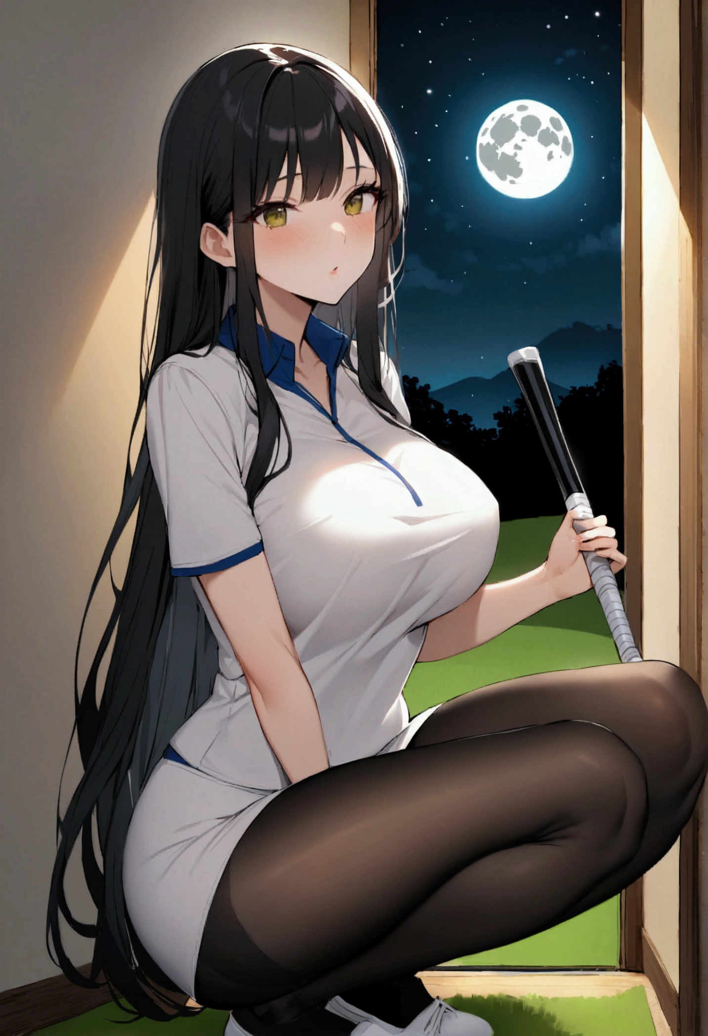 1 female、woman with very long black hair、Busty women、Large areola、Spectacular views、Night Scene、The view from the top of the hill、Full moon night sky、swirling starry sky、８K、Best Quality、The woman&#39;s whole body is in the photo、The woman is wearing a miniskirt and her crotch is visible.、Open neckline golf wear、The thong is transparent、、With a golf club、Sitting squatting