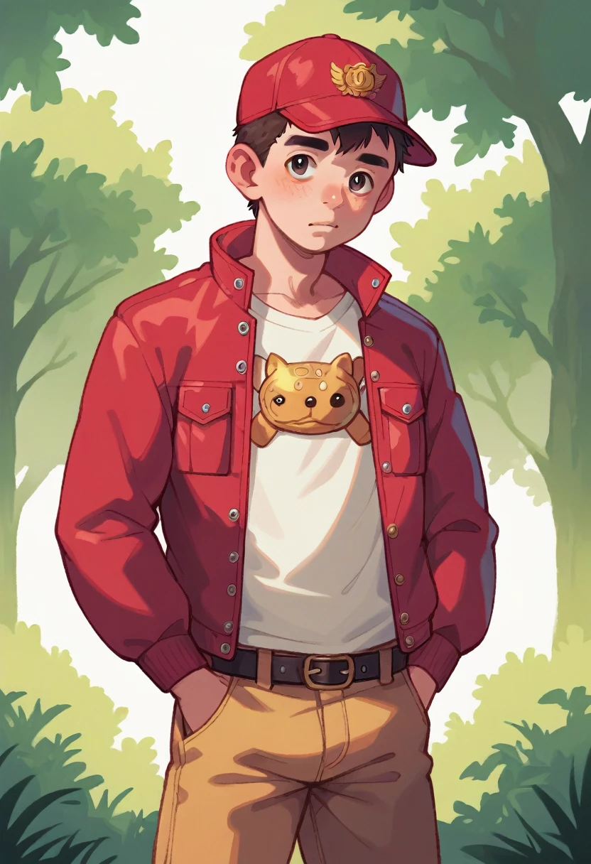 (((Masterpiece))), best quality, cowboy shot, perfect anatomy, (detailed face), outdoors, sunny, warm sunlight, (((realistic faces))), realistic anatomy, painterly)) 1boy, ((shota)), solo, red jacket, three quarter view, cap, fanny pack