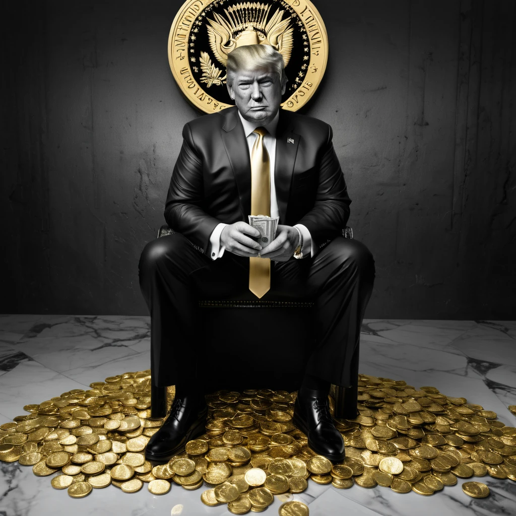 I want a stoic Donald Trump sculpture with black and white background. The image must focus on Donald Trump holding money or in a meeting and showing wealth. Must be a full body sculpture with walls or buildings in the background.. Hyper realistic wearing gold chain, several gold coins scattered on the floor.
