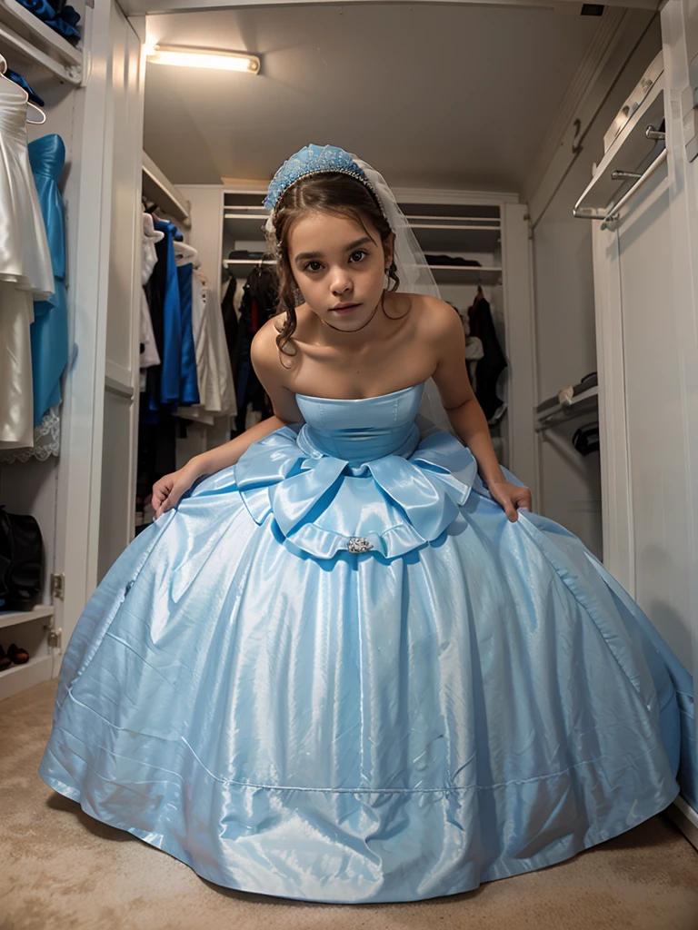 ten girl wearing a blue strapless latex ((big wedding dress)), kneeling down in a ((small closet)))