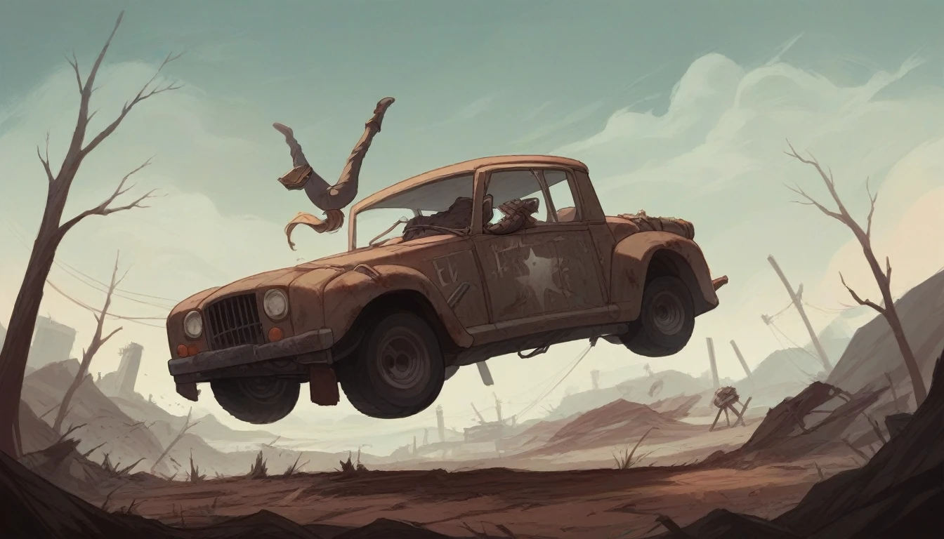 A post-apocalyptic wasteland, where a fearless warrior princess rides atop a rusted, upside-down vehicle, her cerulean tresses whipping in the wind.

