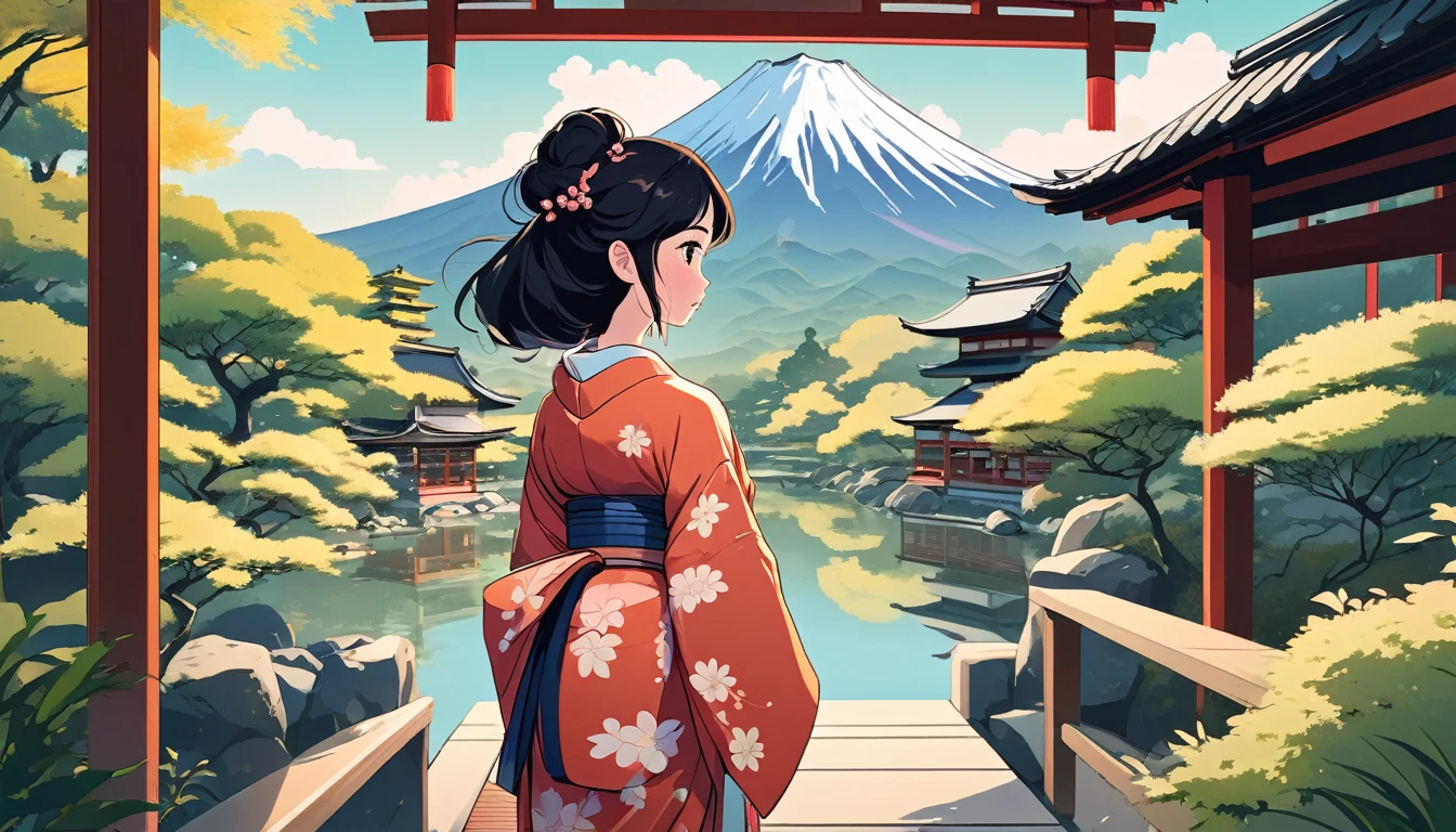 Woman in kimono,Japanese Gardens、Fuji Mountain、 Wide-angle lens, Lofi Anime, Lofi illustration, Aesthetic atmosphere, Lo-Fi Style, Vector art, Flat Design, Simple shape, Warm tones, Pleasant atmosphere, Chill, In anime style, Digital drawing, Vector art, Vector logo for t-shirt printing, (Adorable:1.5), (small:1.4), (Playful:1.2), (soft:1.3), (Whimsical:1.1), masterpiece, Highest quality, 8k, Intricate details, grow, Celestial, Mysterious, Picturesque, amazing, Majestic, Magic, Fantasy art, Cover art, dream-like