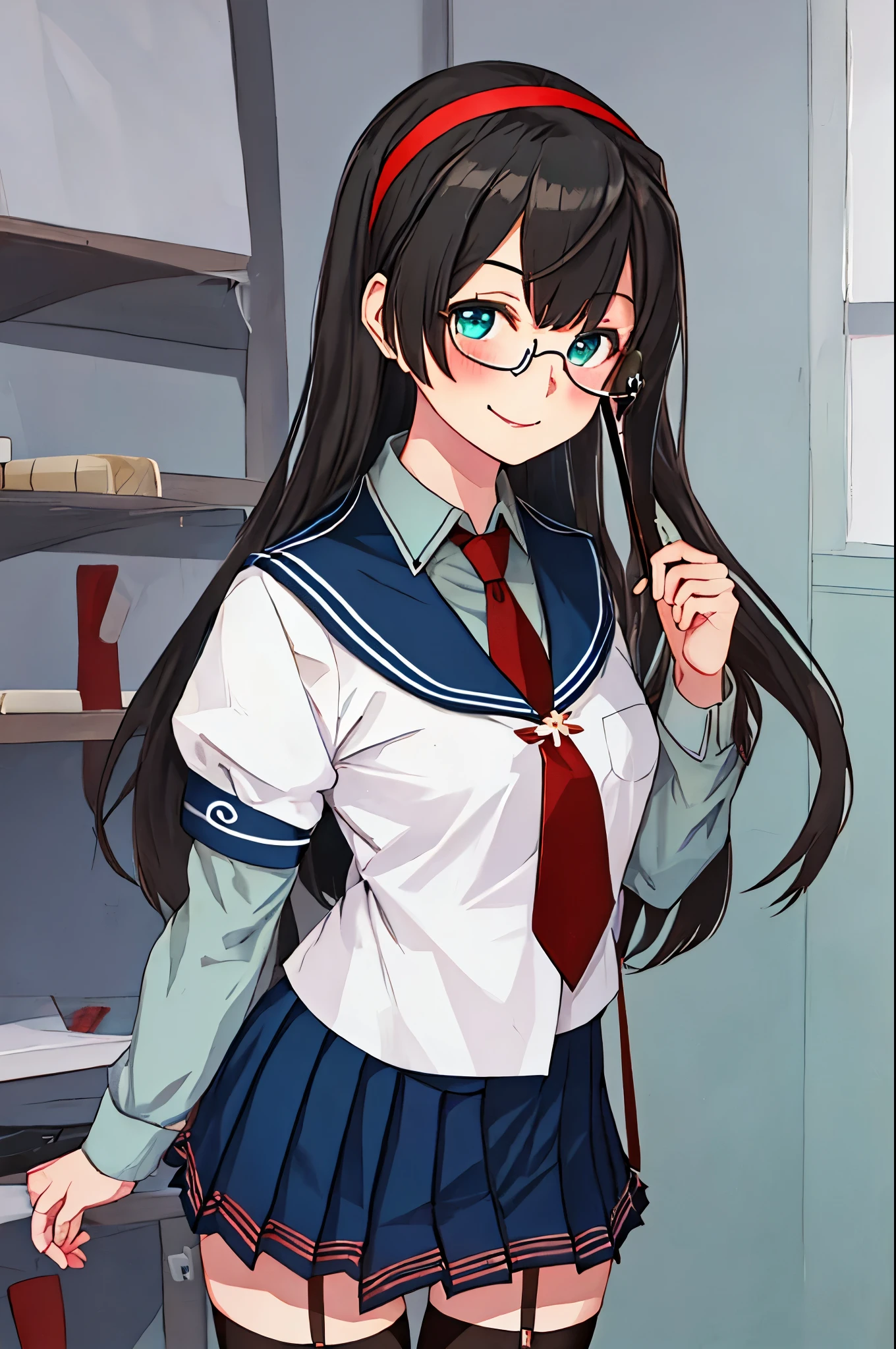 best quality, masterpiece, highres, solo, {ooyodo_kantaicollection:1.15}, black_hair, long_hair, glasses, hairband, semi-rimless_eyewear, under-rim_eyewear, blue_eyes, green_eyes, blush,small_breasts, 1girl, school_uniform, serafuku, pleats_skirt, looking_at_viewer, necktie, harbor_town_background, red_necktie,(angry:0.7),smile,,thigh-highs,,selfie