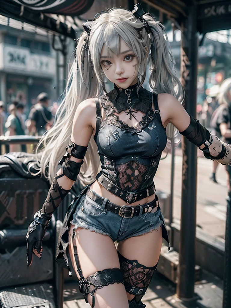 (Full body view:1.4)、(Side view:1.1)、(Wearing a thong:1.4)、(Accentuate your butt:1.3)、(Smiling with teeth showing:1.3),(Shibuya Gal:1.5)、(Neo-goth style fashion:1.5)、(Punk RockVisual Kei:1.4)、(A high-leg bodysuit in a delicate design of denim, silver and black:1.5)、(Denim, black gloves and sailor shirt:1.5)、(Denim high heels:1.3)、(Wearing silver accessories:1.5)、(Denim collar:1.4)、(Black Leather Garter Belt:1.4)、(Brown Skin Belt:1.3)、(Black lace underwear:1.5)、20-year-old、NSFW、((Highest quality、In 8K、masterpiece:1.3))、Sharp focus:1.2、(Layered Cut、Huge boobs:1.1),Beautiful woman with perfect figure:1.4、(Dancing vigorously:1.3)、Slender Abs:1.2、Highly detailed face and skin texture、Detailed eyes、double eyelid,(Twin tails:1.3)、(Cream colored hair:1.3)、Gravure idol、(The Caribbean cityscape in the background:1.3)、(Slim Body:1.3),(Make your legs thinner:1.4),(clavicle:1.1)