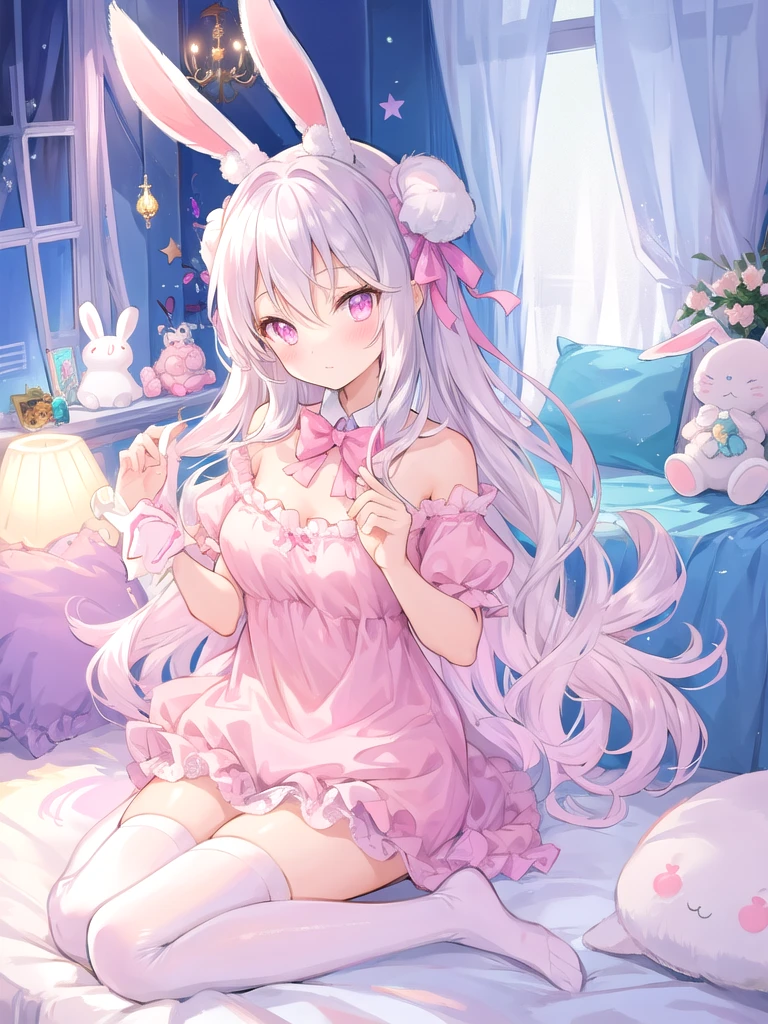 beautiful illustration, best quality, cute girl, bedroom, pastel color, fluffy bunny ears, , silver long hair, rabbit stuffed toy, bright lighting, light pink eyes
