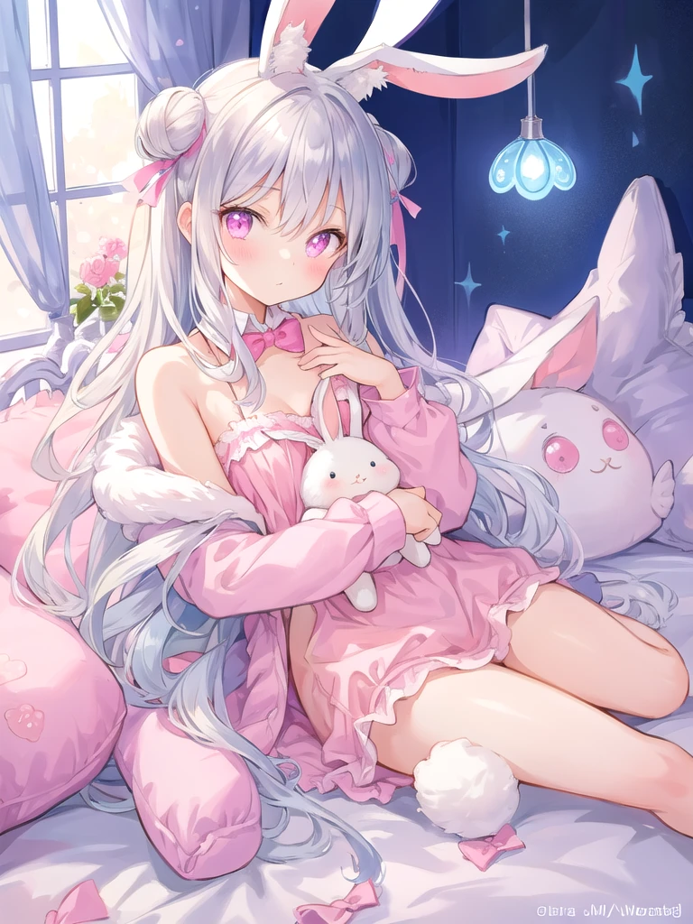 beautiful illustration, best quality, cute girl, bedroom, pastel color, fluffy bunny ears, , silver long hair, rabbit stuffed toy, bright lighting, light pink eyes