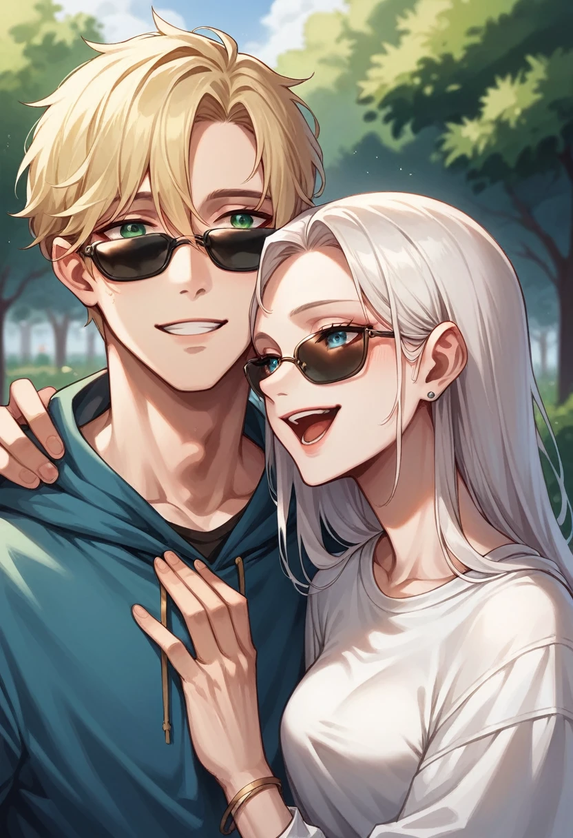 Boy with white hair and blue eyes, wearing dark sunglasses, next to a girl with blonde hair and green eyes without glasses, hugged, happy couple, with park background, Modern clothing.
