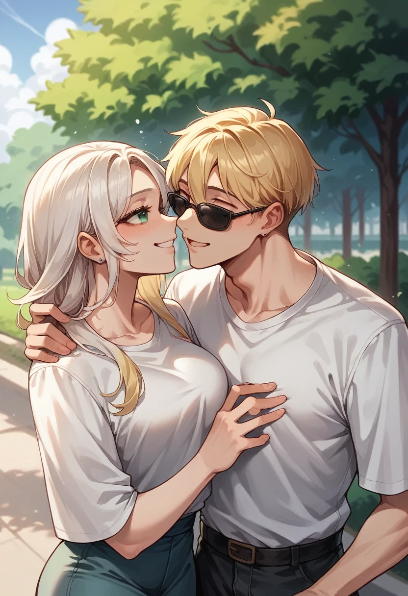 Boy with white hair and blue eyes, wearing dark sunglasses, next to a girl with blonde hair and green eyes without glasses, hugged, happy couple, with park background, Modern clothing.