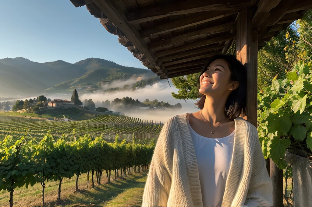 8k best picture quality, Beautiful 36-year-old Korean woman, Chest size 34 inches, northern italy countryside dawn, View of the cathedral next to the vineyards, The back background is realistic and vivid quality., short medium hair, A white T-shirt that covers the chest and a short cardigan, Wear casual pants, Smile slightly. the background is clear, look up to the side. Standing on a hill on a trail and looking at a foggy vineyard, Close-up with wide-angle lens, Dress modestly, There is a thick fog in the early morning.