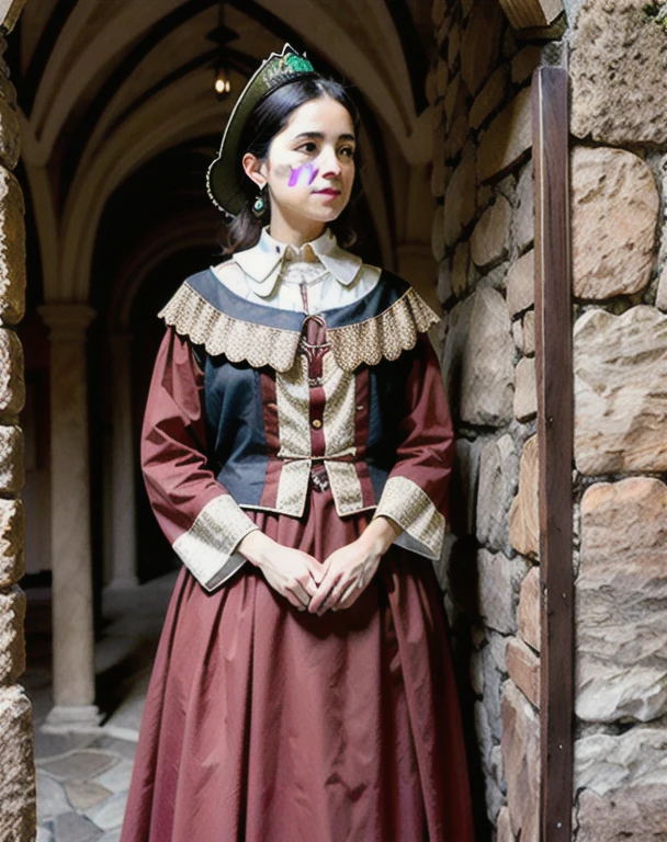 Ultra detailed quality. Spanish woman in medieval dress who is alone but is talking. His clothes are from the 15th century. You can see his entire body